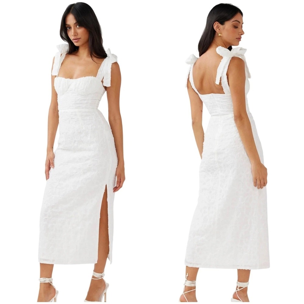 Selfie Leslie Cupid Dress XL White Midi Bustier Tie Shoulder Embellished Bridal